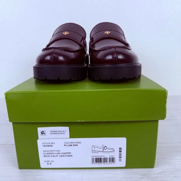 Tory Burch Classic Lug Sole Loafers Size‎ 8.5 Plum Burgundy Leather Academia NEW
